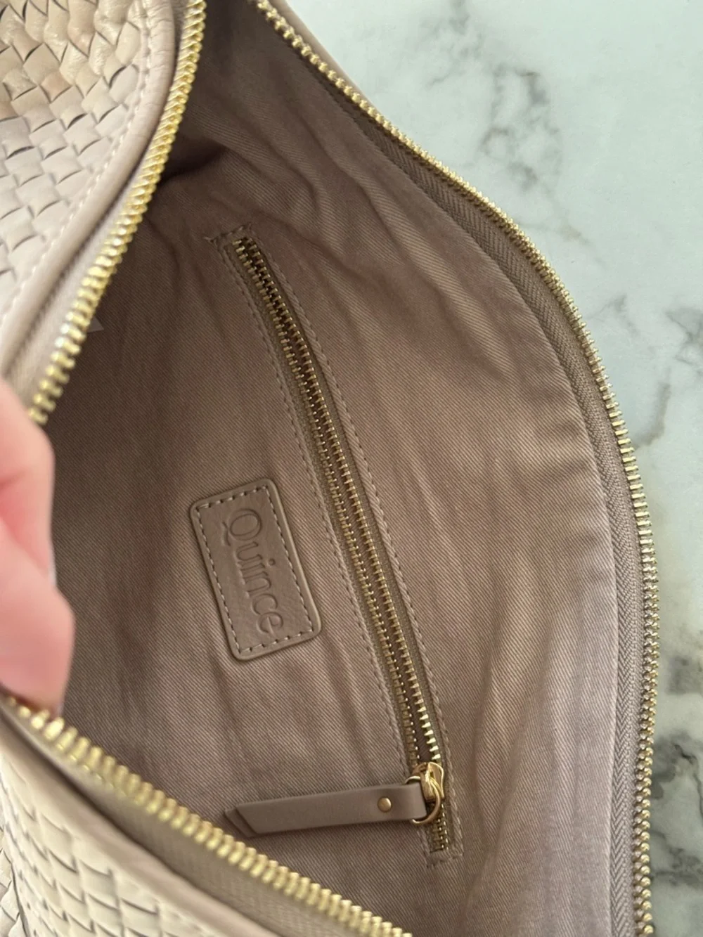 Quince Woven Shoulder Bag in Taupe. Italian Leather Crossbody - Picture 7 of 10